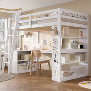 OKWISH Letto a Soppalco 90×200 cm, Letto Singolo con Mensola, Pannello in Feltro e Scala Inclinata, senza Materasso, Bianco