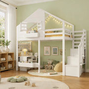 Letto a castello per bambini 90x200 cm con scala contenitore; finestra e struttura in pino bianco