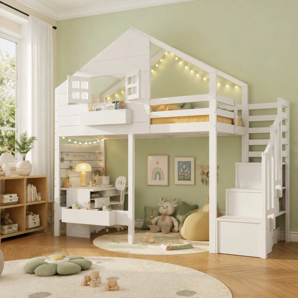 Letto a castello per bambini 90x200 cm con scala contenitore; finestra e struttura in pino bianco