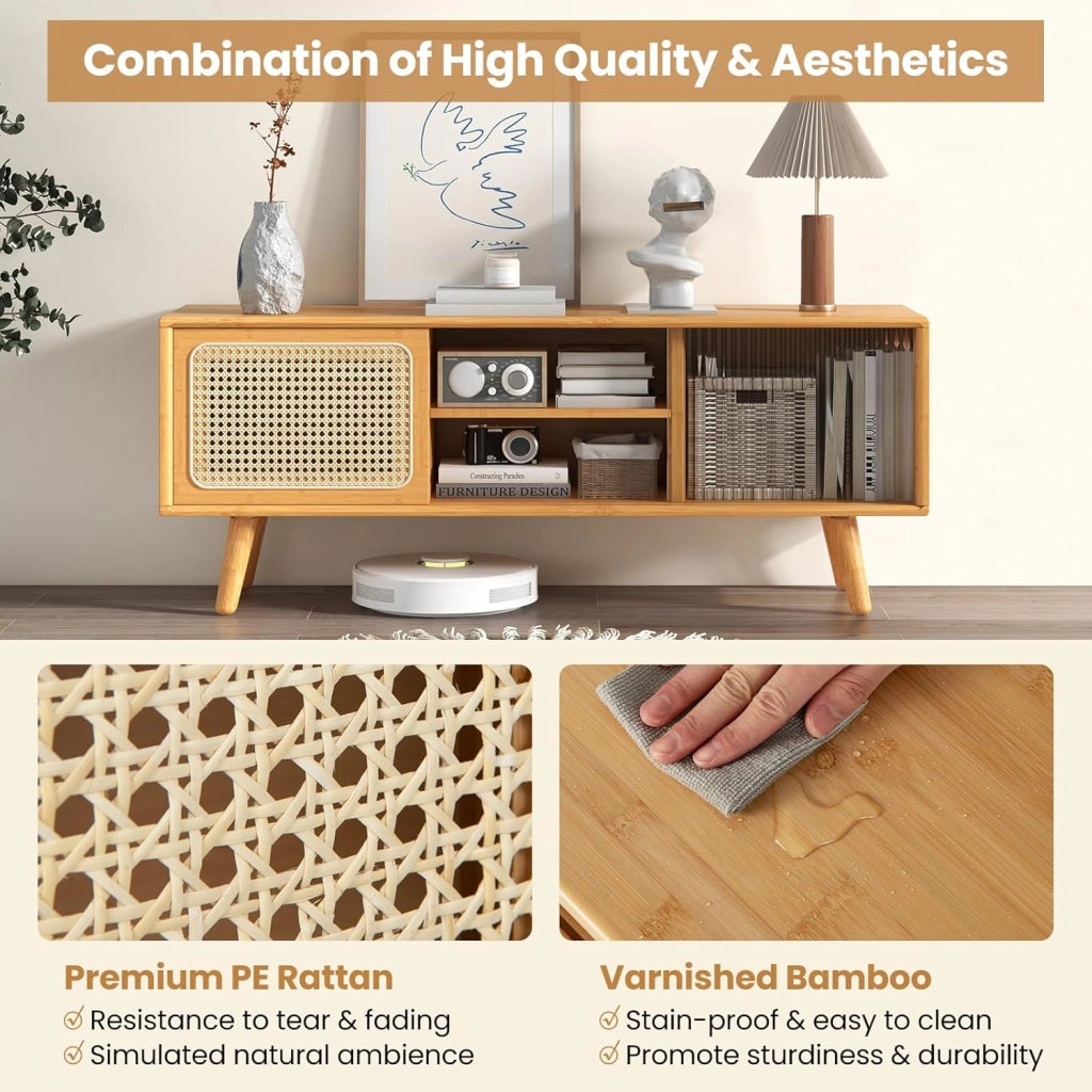 Mobile TV da 120 cm con 2 Ripiani，Supporto TV in Bambù, con Porte Scorrevoli in Rattan e Vetro Temperato,120,5x31x45,5 cm