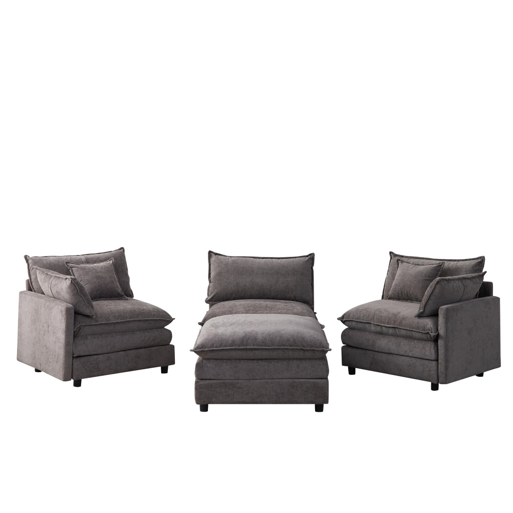 Divano angolare modulare 3 posti con chaise longue e pouf, cuscini sfoderabili in ciniglia grigio