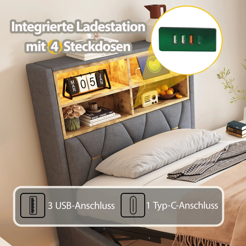 LETTO Multifunzione 90x200 cm Grigio in ferro con LED, USB e vano contenitore