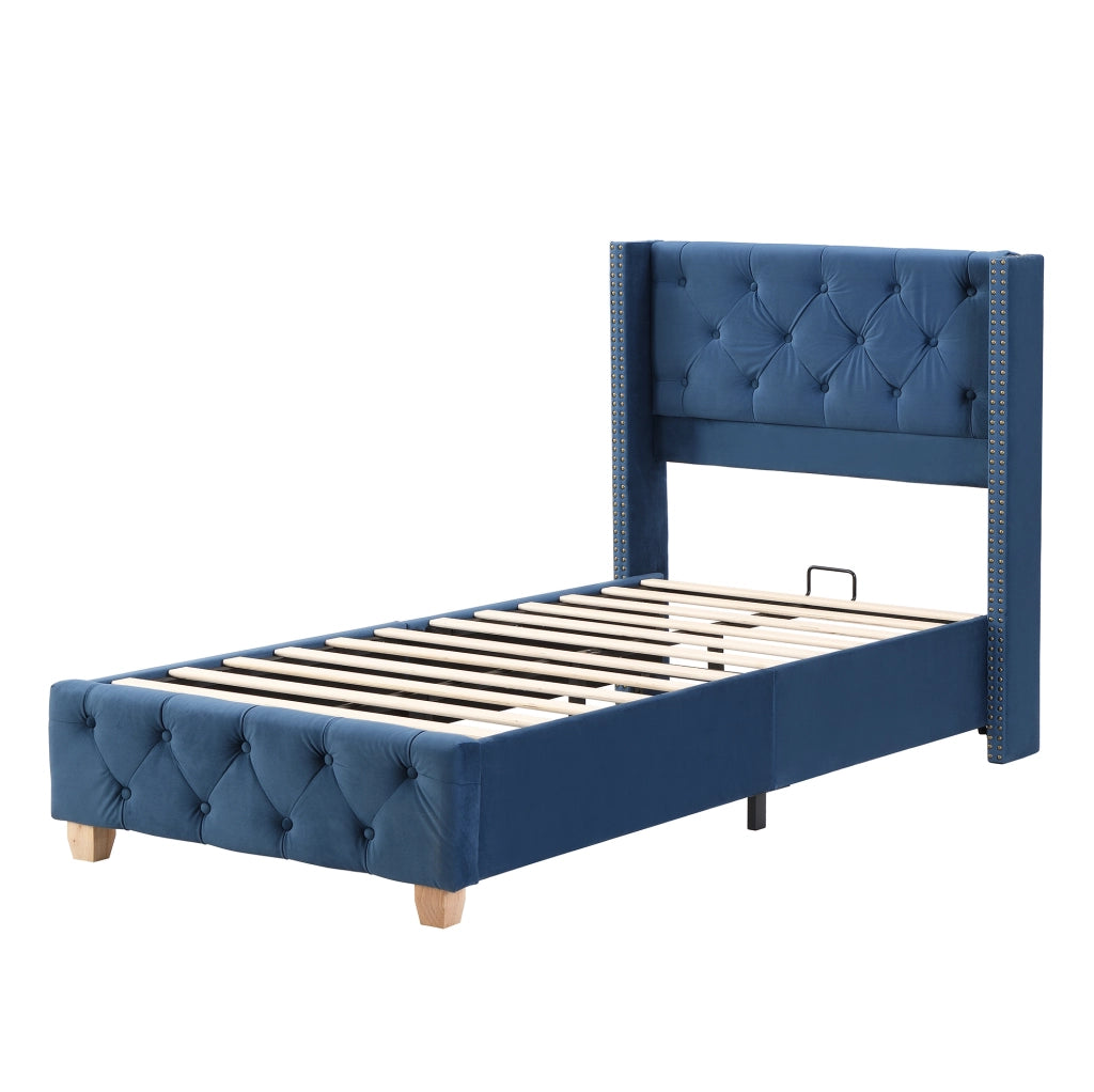 Letto imbottito 90x200 cm in velluto blu con testiera imbottita e rete a doghe