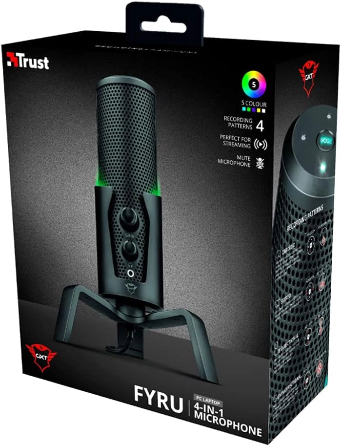 Trust Gaming GXT 258 Fyru Microfono PC, 4 Pattern Di Registrazione, Illuminazione LED, Microfono USB Per Computer, PS4, PS5, Streaming, Twitch, YouTube, Discord, Canto, ASMR, Podcasting - Nero