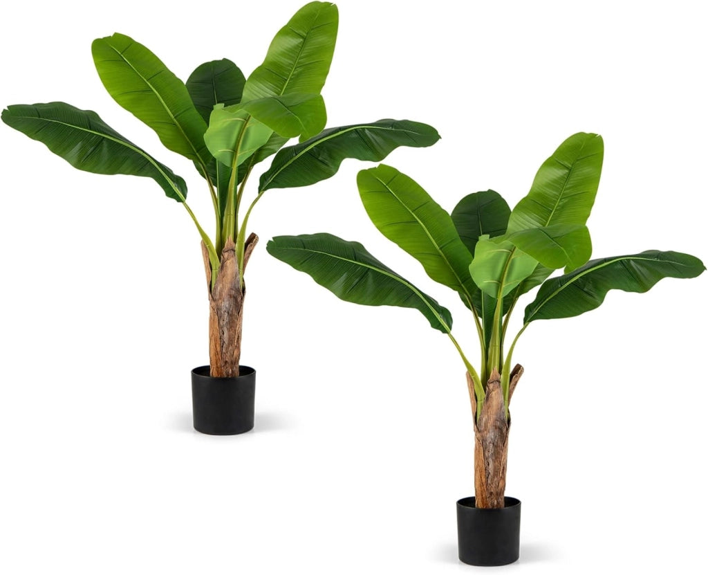 Set da 2 Alberi di Banane Artificiali, Pianta Finta con Foglie di Banana e Rami Regolabili con Vaso, Pianta in Vaso Decorativa da Interno per Soggiorno o Ufficio