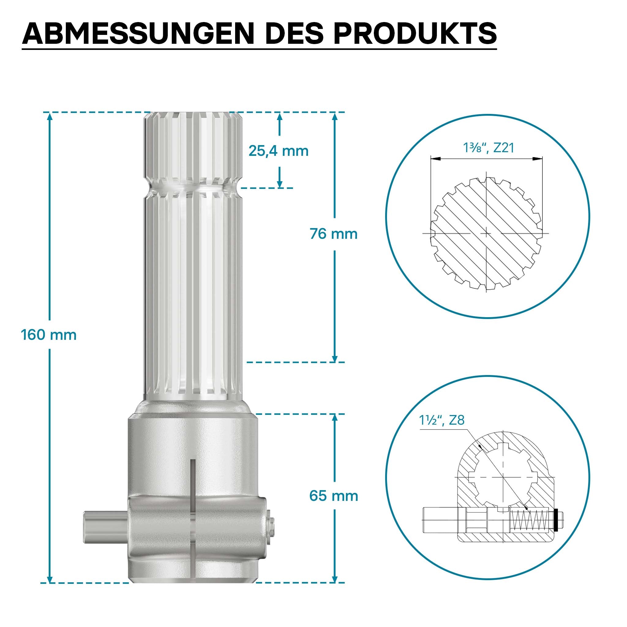 Boccola albero cardanico 160mm Attacco scanalato 8-32x38x6 per albero uscita 1 3/8" 21D Trattore
