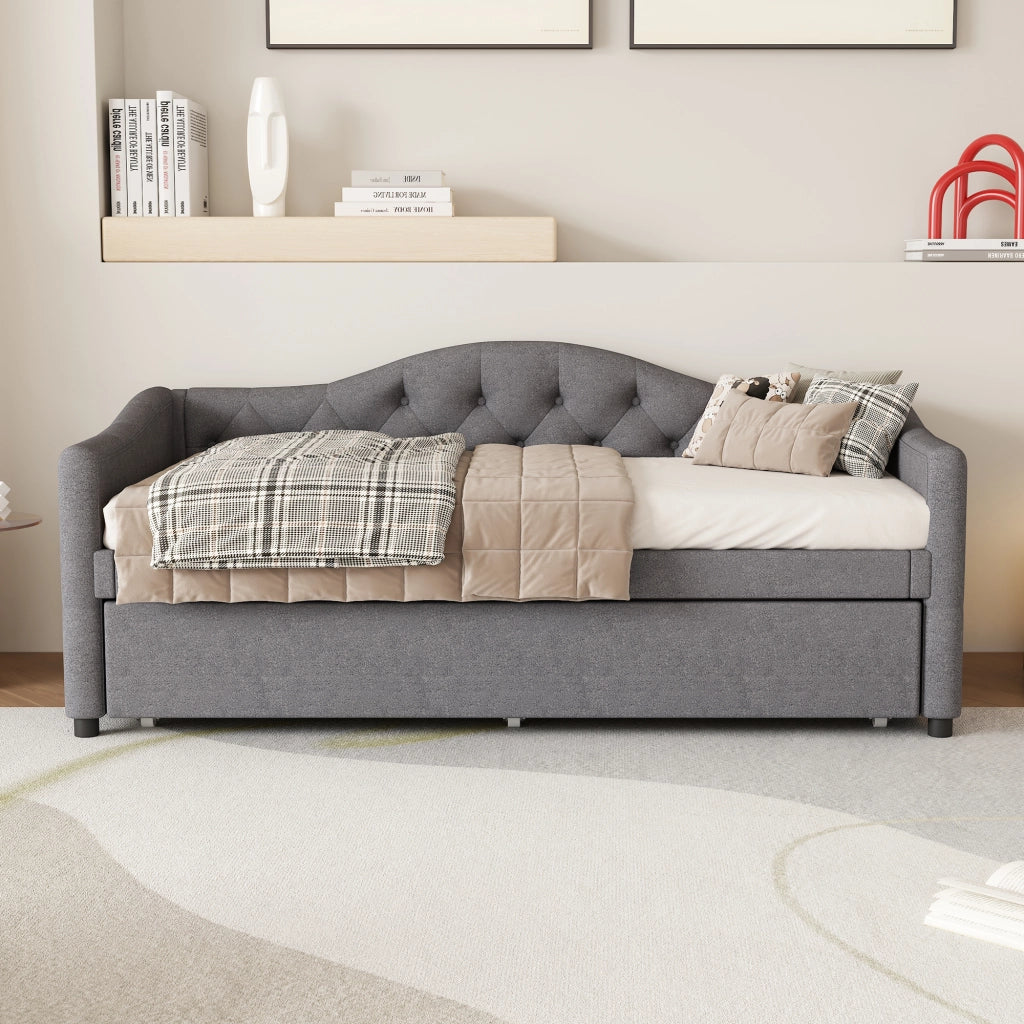 Letto singolo daybed 90x200 cm con letto estraibile, divano letto in lino grigio