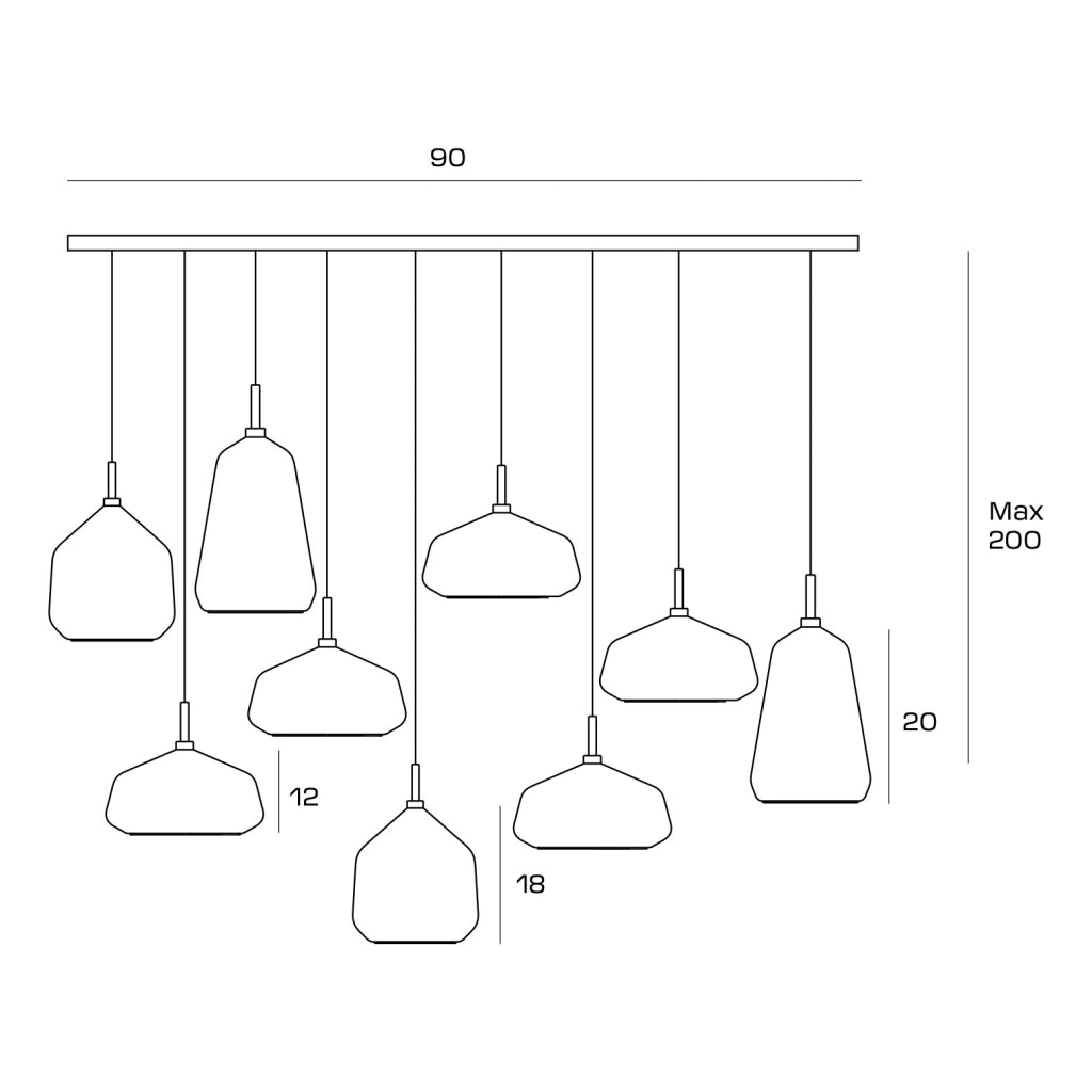 X-RAY SOSPENSIONE RETTANGOLARE 9 LUCI VETRI 2 BRONZO, 5 RAME, 2 ORO MONTATURA ORO ATTACCO G9