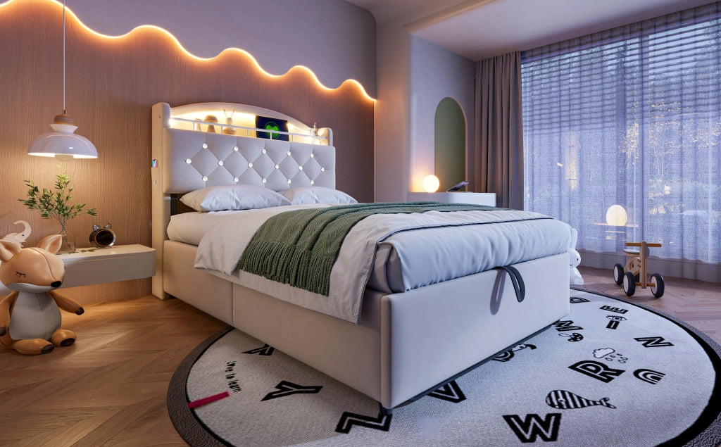 Letto singolo imbottito per bambini 90x200 cm con contenitore, LED e porte USB, beige