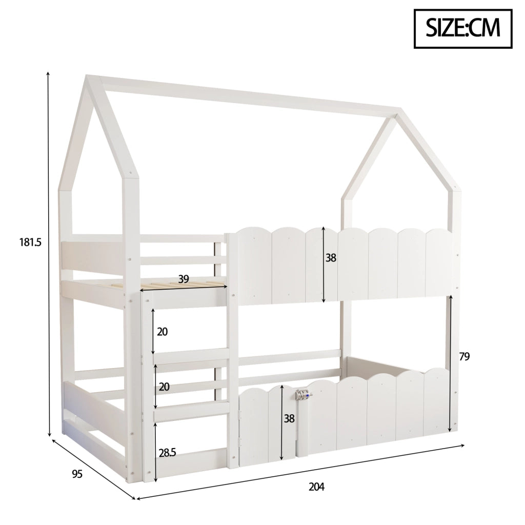 Letto a castello per bambini a forma di casa 90x200 cm in legno; bianco