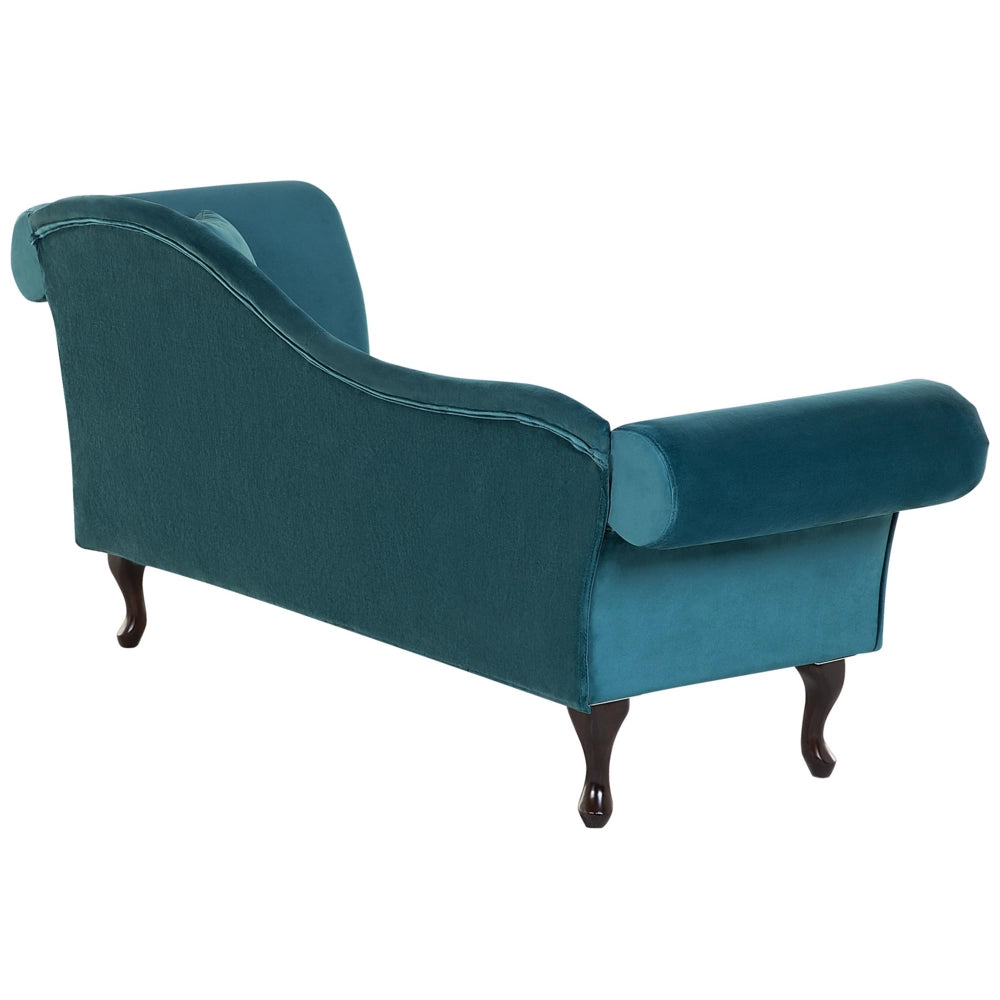 Chaise longue velluto verde acqua bottone trapuntato tappezzeria braccio arrotolato versione destra con cuscino