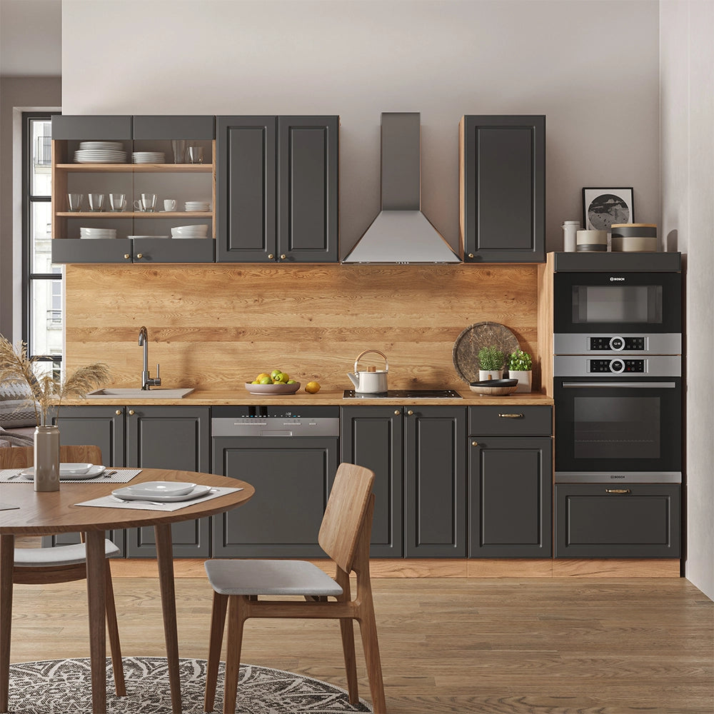 Cucina componibile Fame-Line Antracite rustico/Rovere dorato 300 cm con armadio alto, PL Marmo Vicco