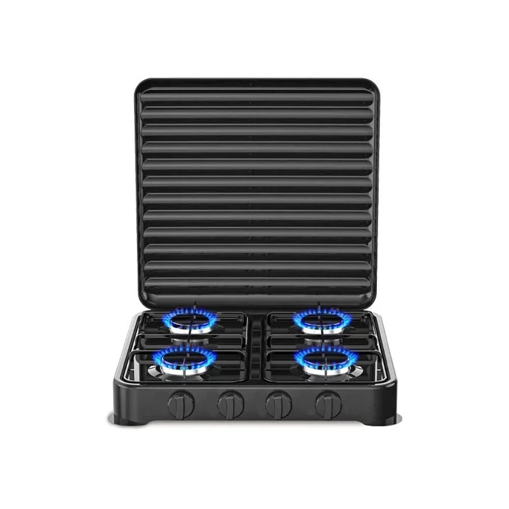 Melchioni Family Fornello a Gas Modello MINERVA NEW Quattro Fuochi Colore Nero per Utilizzo Esterno con Griglia e Fuochi Rimovibili e Coperchio
