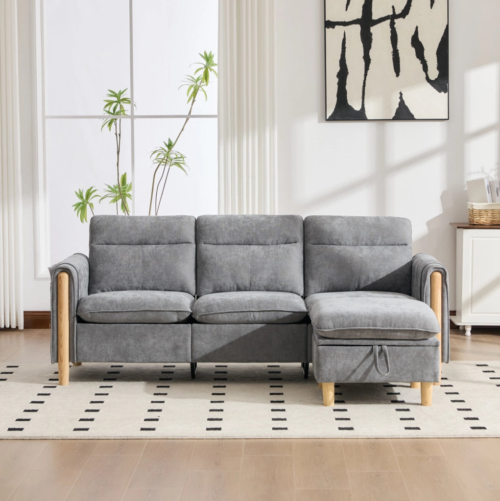 Divano angolare modulare a 3 posti con pouf contenitore; 201x77x86 cm; chenille grigio chiaro