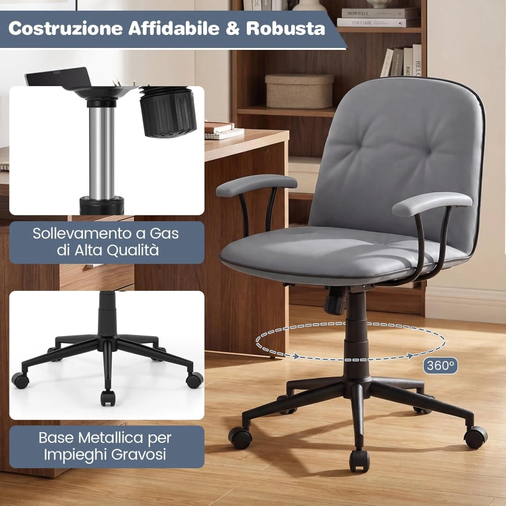 Sedia Ufficio Ergonomica con Altezza Regolabile, Poltrona Scrivania Girevole, Sedia con Braccioli Imbottiti e Ruote, Funzione Dondolo, per Ufficio Scrivania Studio (Grigio)