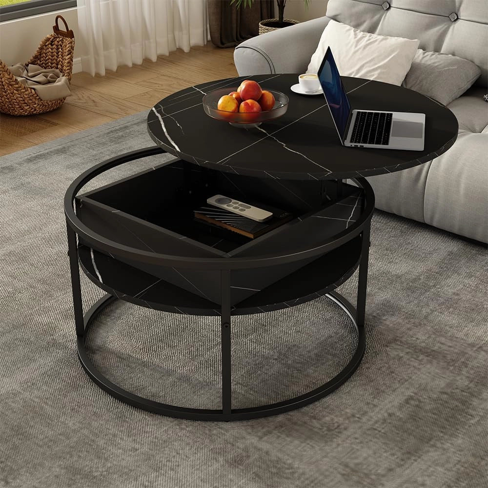 Tavolino Marlo, Nero/marmo-bianco, 77 x 77 cm, con piano ribaltabile per un utilizzo flessibile negli ambienti domestici