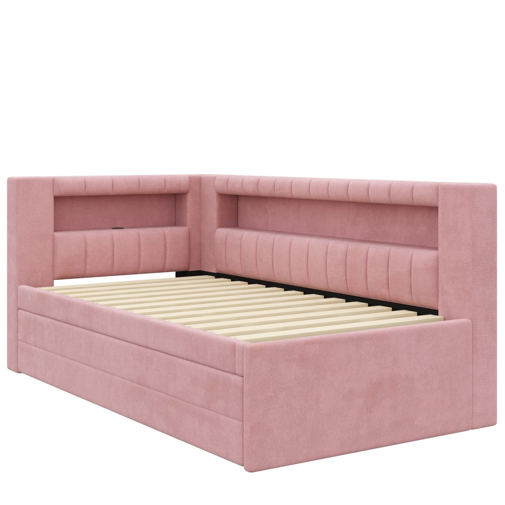 Letto singolo imbottito 90x200 rosa con LED; USB; letto estraibile e 3 cassetti