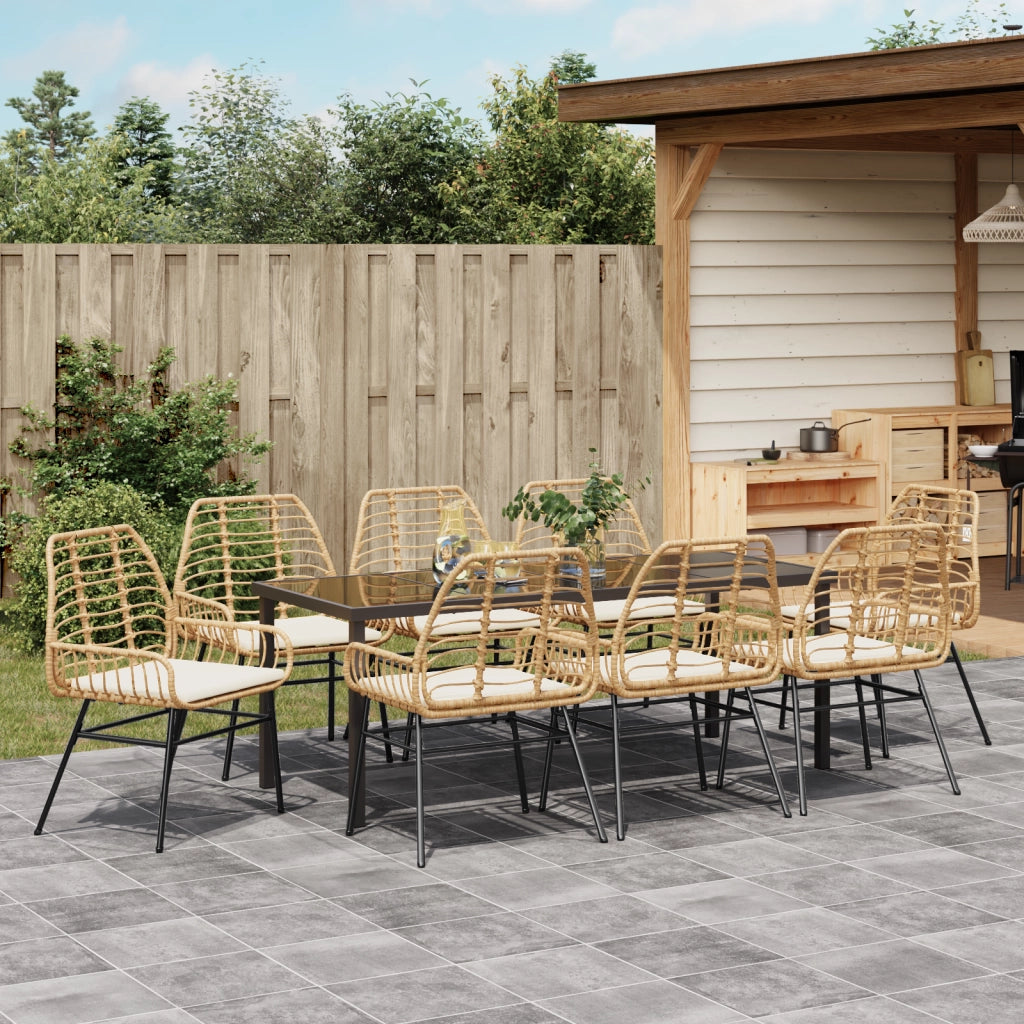 Set da pranzo da giardino 9 pezzi con cuscini marroni in polyrattan