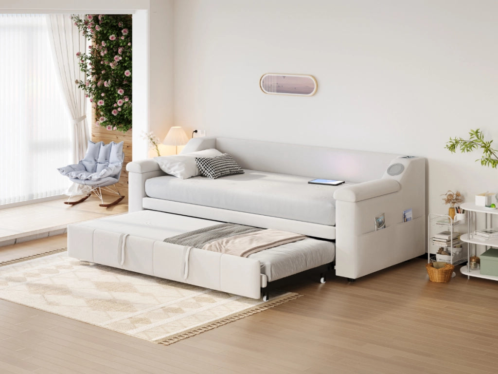 letto divano imbottito velluto beige 90 x 190 cm