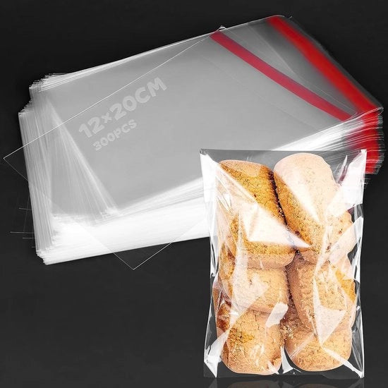 Sacchetto trasparente da 300 pezzi - 12 x 20 cm - Autoadesivo - Resistente all'umidità - Resistente alla muffa - Materiale in polipropilene - Borsa in plastica