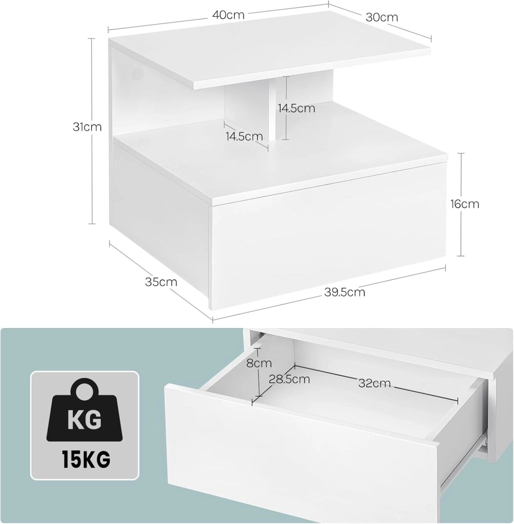 Set di 2 Comodino Sospeso, Comodino per Camera da Letto con 1 Cassetto e 1 Scomparto Aperto, Fissaggio a Parete, Mobiletto per Cameretta Moderno, in Legno,40x35x31cm, Bianco, NTS03ws-2