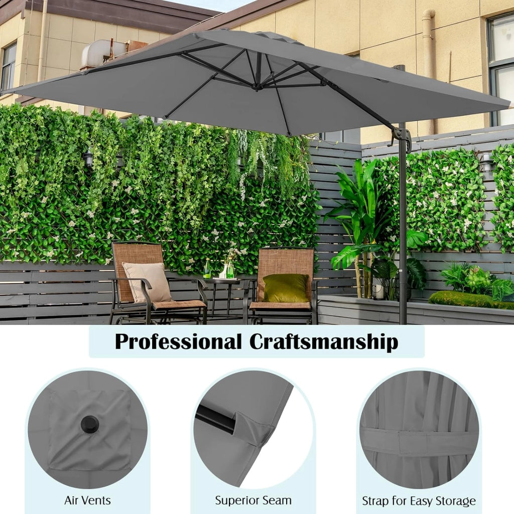 Ombrellone da Balcone 300 cm, Rettangolare da Giardino Decentrato e Pieghevole, Rotazione a 360°, con Base a Croce e Manovella, Ombrellone da Giardino per Esterno e Terrazzo (Grigio)