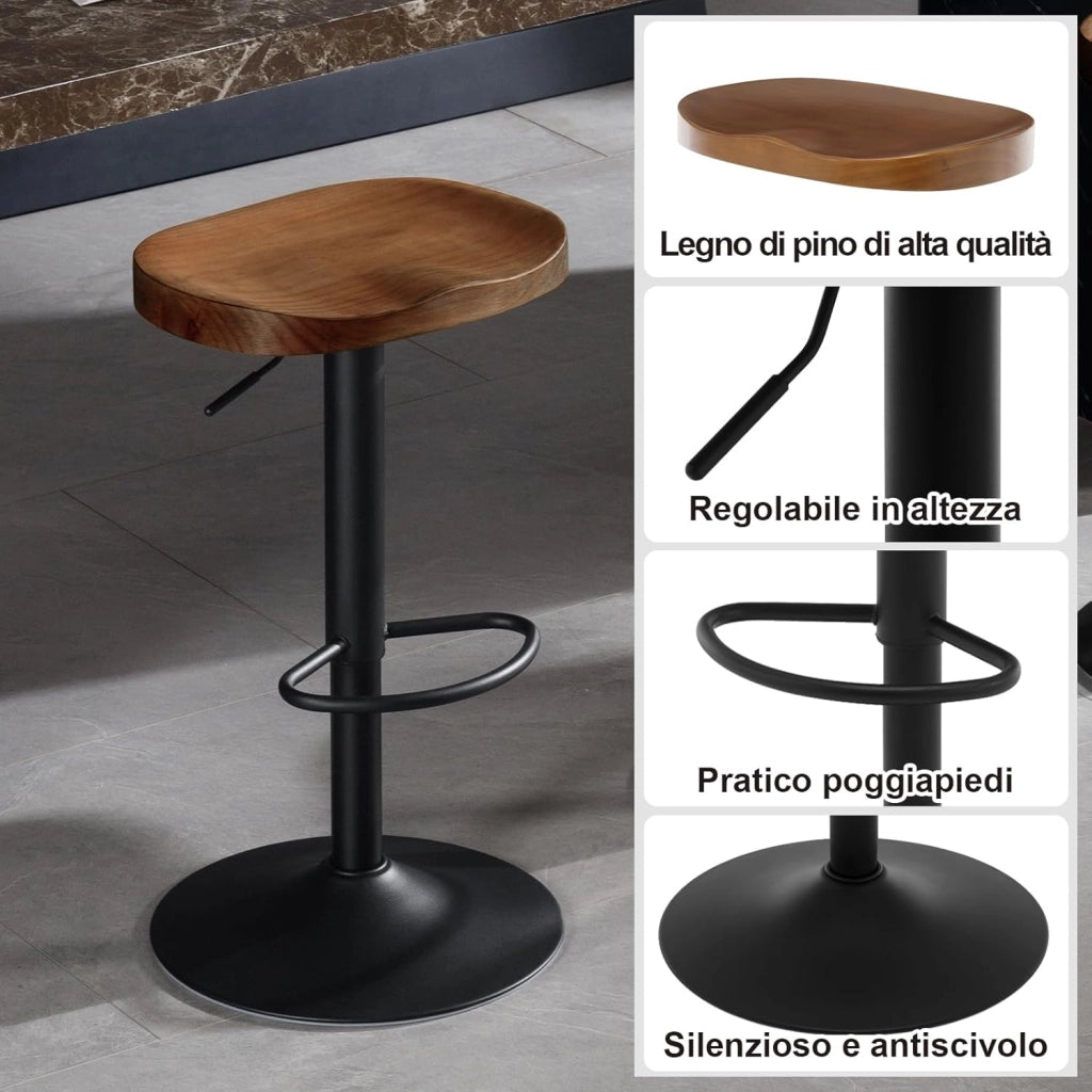Sgabello da Bar, per Colazione in Legno Massiccio, Sgabello Cucina, Regolabile in Altezza, Sgabello Girevole a 360° con Poggiapiedi, Marrone, BH413br-1