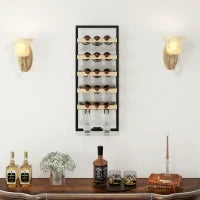 Portabottiglie da Parete in Legno e Acciaio per 15 Bottiglie di Vino e 4 Calici, 35x25x86cm