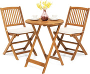 Set di Tavolo e 2 Sedie Pieghevoli in Legno d'Acacia con 2 Cuscini Imbottiti Removibili, Per Esterno, Patio, Giardino e Balcone (Beige)