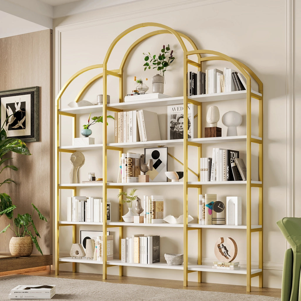Scaffale da terra 170 x 26 x 190 cm in MDF e metallo, 5 ripiani, colore oro e bianco, design a nuvola