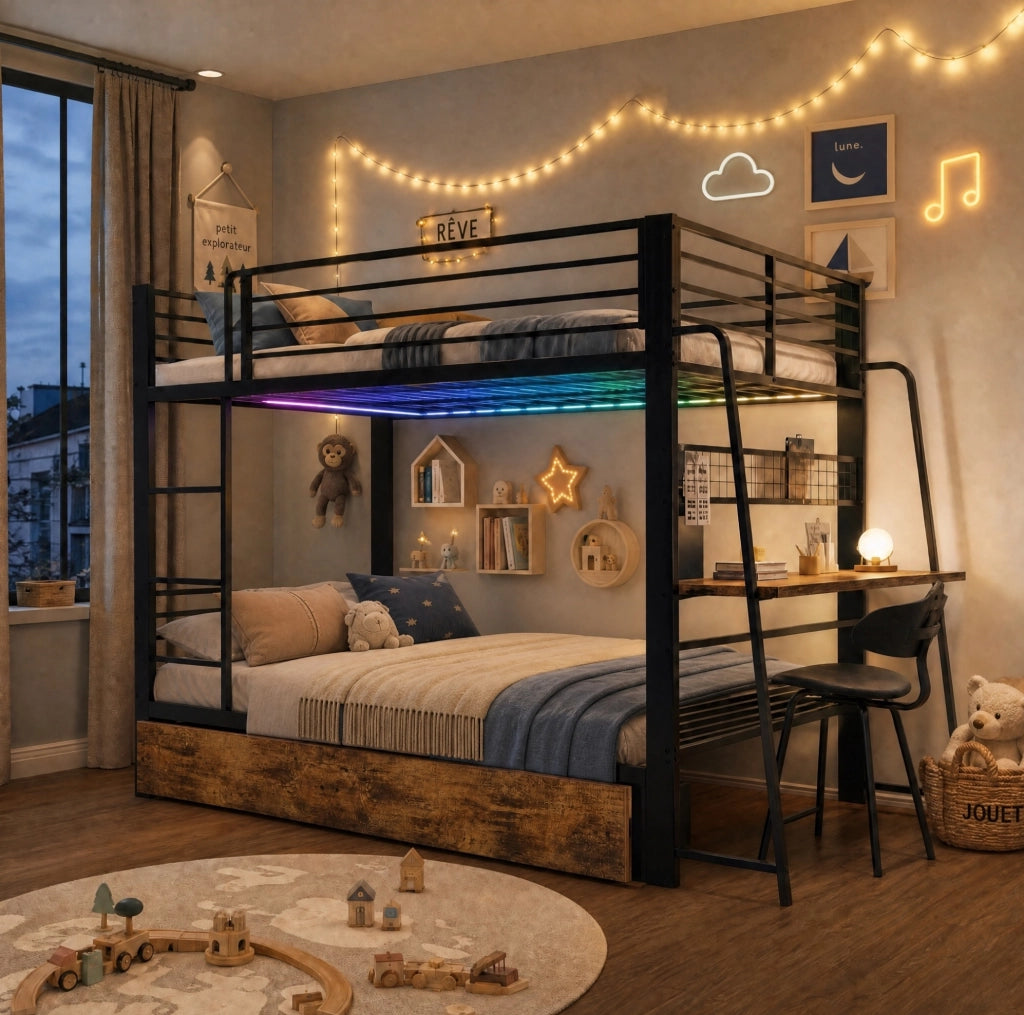 Letto a soppalco ULEVR 140x200 cm con scrivania, LED RGB, presa USB e Type-C, nero