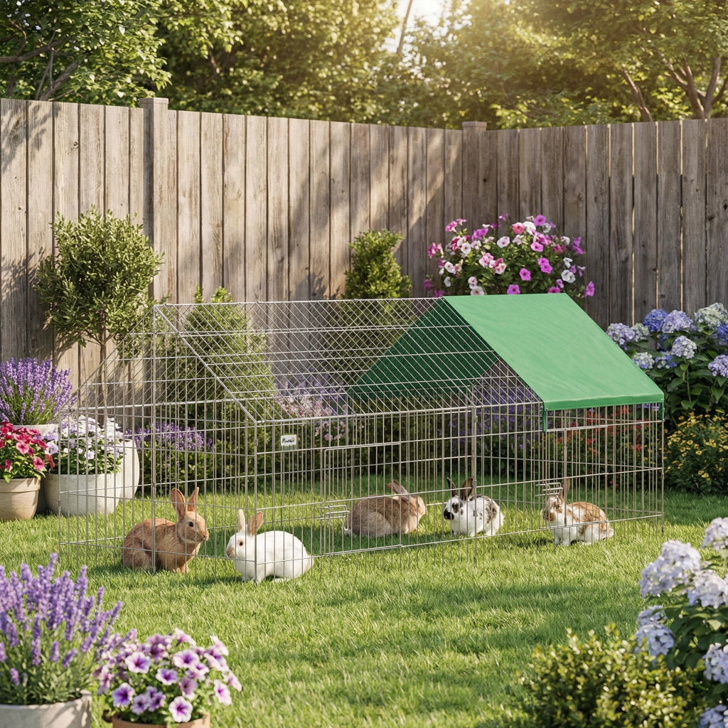 Gabbia per Conigli e Galline da Esterno e Interno 180x75x75 cm con Protezione Parasole e Griglia Metallica Verde