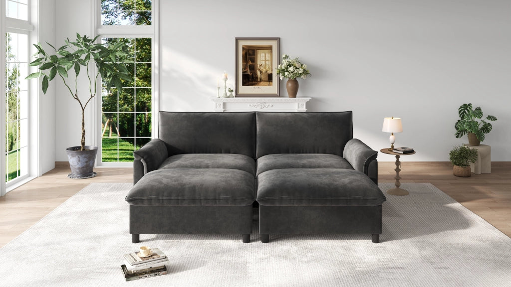 Divano modulare in chenille nero con pouf contenitore mobile, funzione letto temporanea, 216x77x82 cm