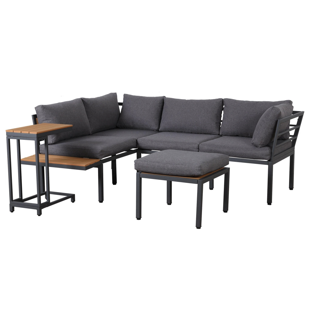 Set mobili da giardino con divano angolare; tavolino laterale e tavolino trasformabile in pouf; grigio e nero