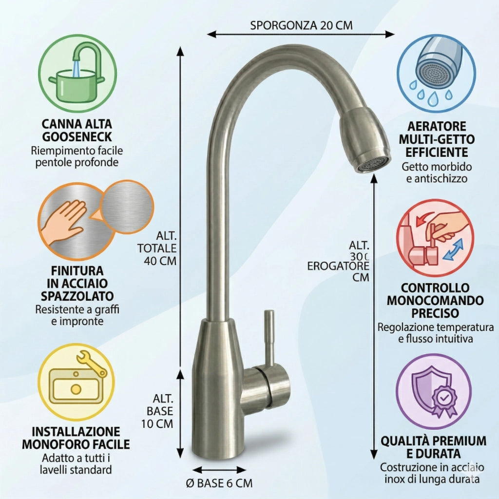 RUBINETTO MISCELATORE CUCINA MONOCOMANDO CROMATO COLLO ALTO GIREVOLE ACQUA 8066