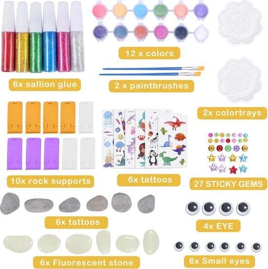 Pacchetto di pittura a pietre - DIY per colorare le pietre con 12 colori, pennello, accessori e occhielli a pennello - per bambini e adulti