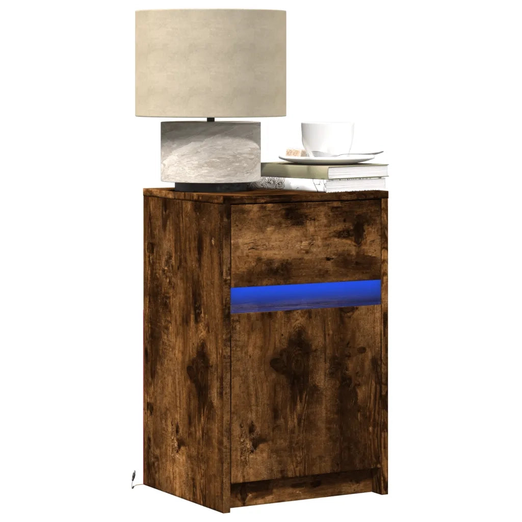 Comodino | Armadio da Notte | Mobiletto da notte con Luci LED Rovere Fumo in Legno Multistrato