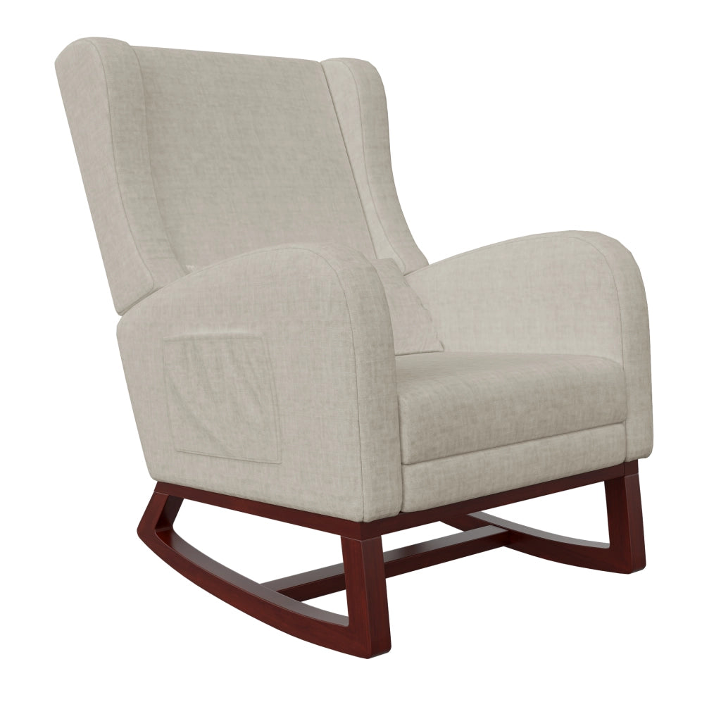 Poltrona relax a dondolo 67x64x99 cm con poggiapiedi; sedia a dondolo da interno per allattamento struttura in legno e velluto opaco; beige
