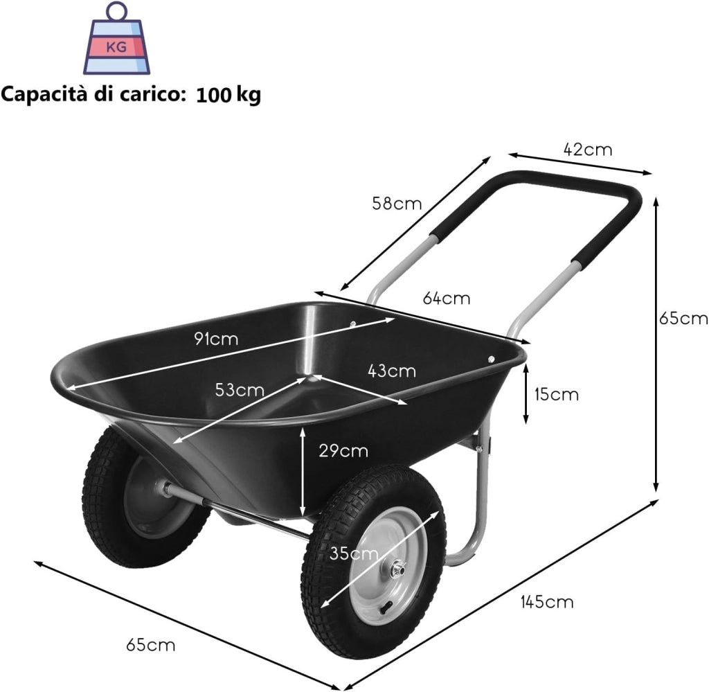 Carriola con 2 Ruote da Giardino, Carrello Resistente con Struttura in Acciaio Robusto, Ruote Pneumatiche 35,5 cm, Capacità 75L, Portata Max 100 kg (Nero)