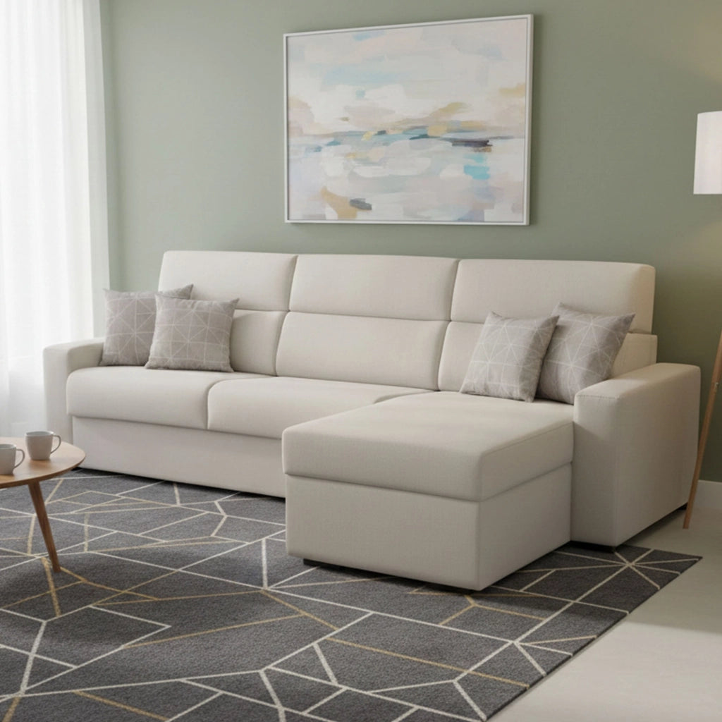 Pusiano, Divano Letto con Penisola Sfoderabile Made in Italy, 280x160 cm Beige