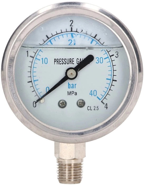 Manometro a Glicerina Riempito - Drukkompasso 0-4 MPa - Graduazione Doppia Bar/MPa - Connettori 1/4" NPT - Misurazioni Precise - Resistente ai Colpi