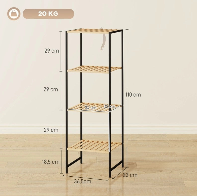 Scaffale da bagno 36，5 x 33 x 110 cm in bambù e acciaio naturale， 4 livelli
