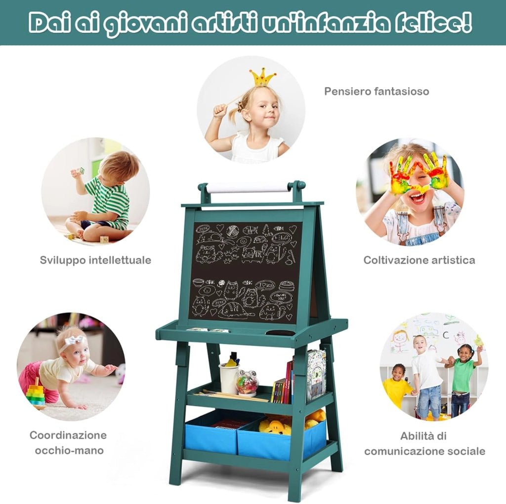 3 in 1 Cavalletto per Bambini con Doppia Faccia, Cavalletto per Disegno con 2 Vassoi e 2 Scatole, Lavagna Bambini in Legno (Blu)
