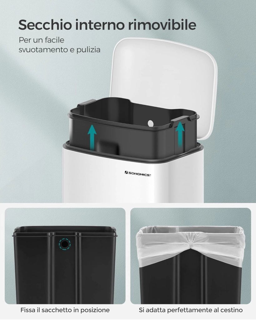 SONGMICS Pattumiera da Cucina, Cestino della Spazzatura da 30L, Pattumiera a Pedale in Acciaio con Coperchio e Secchio Interno, Chiusura Morbida Ammortizzata, Bianco LTB01W