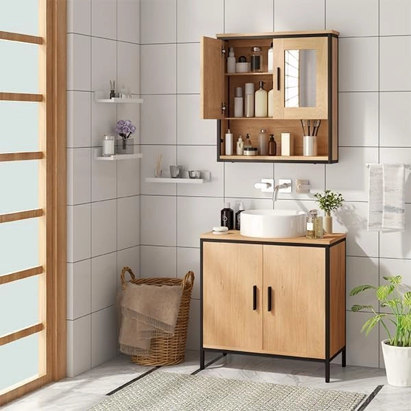 Set di Mobili da Bagno, Armadietto con Specchio, Mobiletto Sottolavabo, Cassettiera con 4 Cassetti, Armadietto da Terra Multiuso