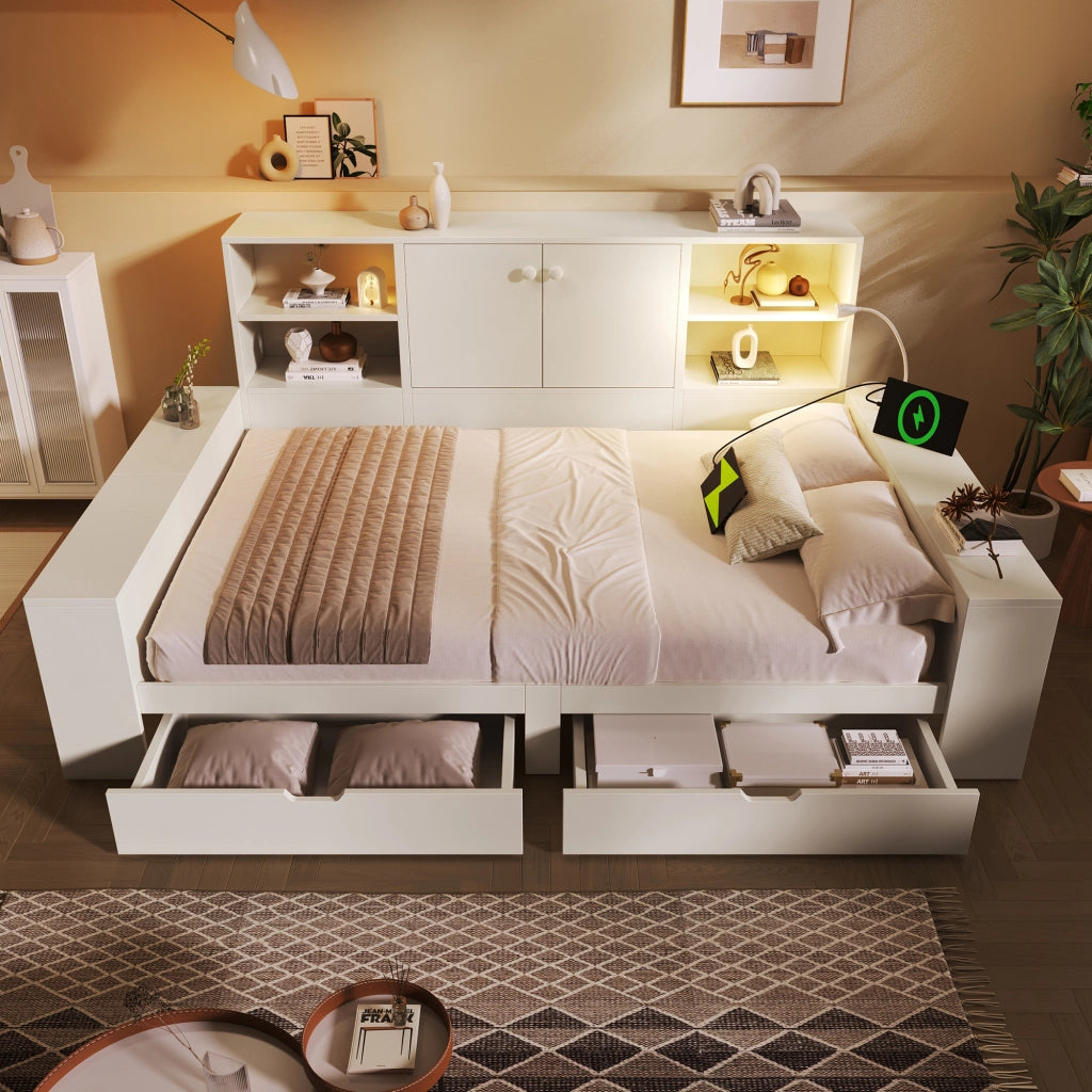 LETTO Contenitore 140x200 cm Bianco con cassetti e porte USB