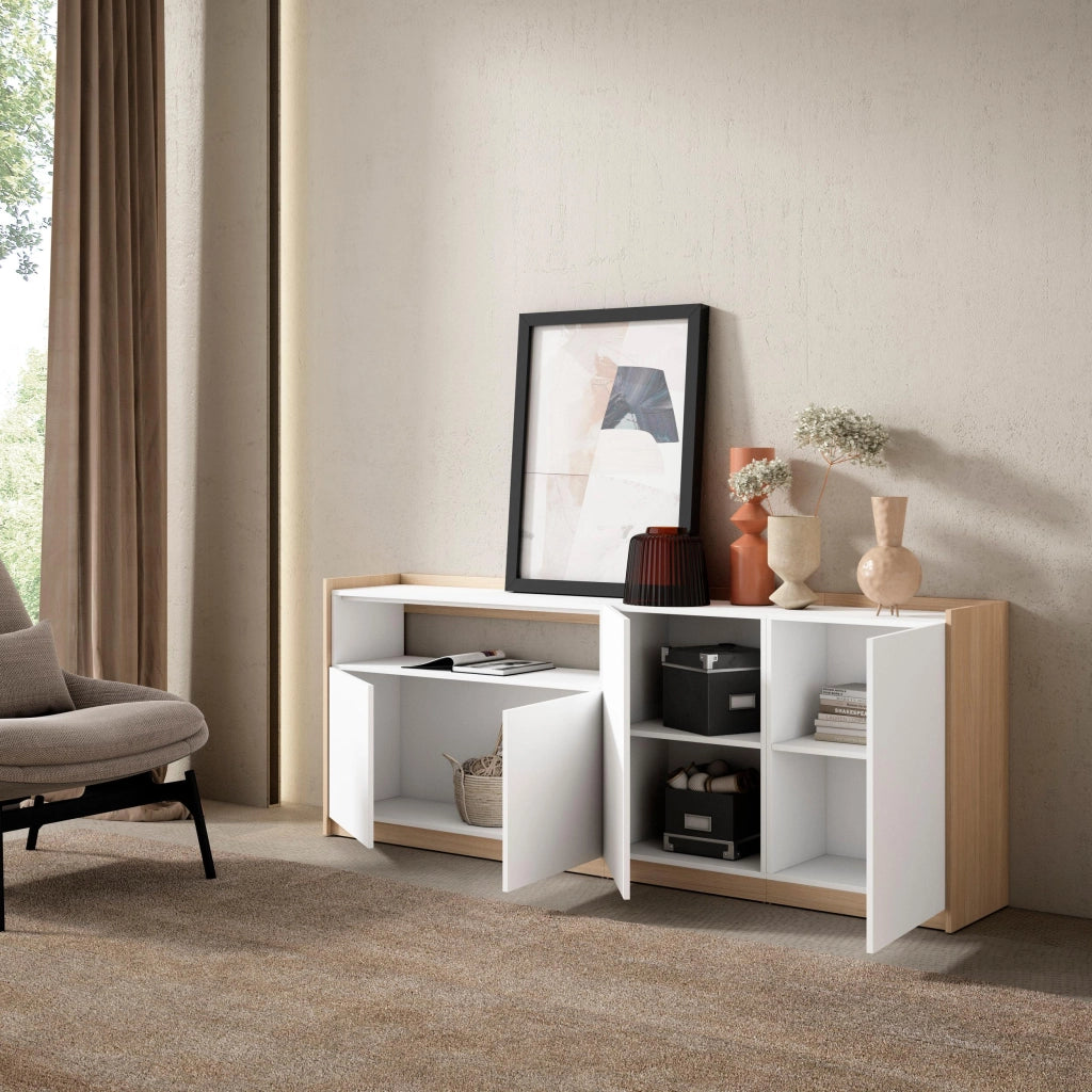 Credenza, Mobile, Cucina, 207x80x37 cm, 4 Porte, grande stoccaggio, Bianco e Rovere soft