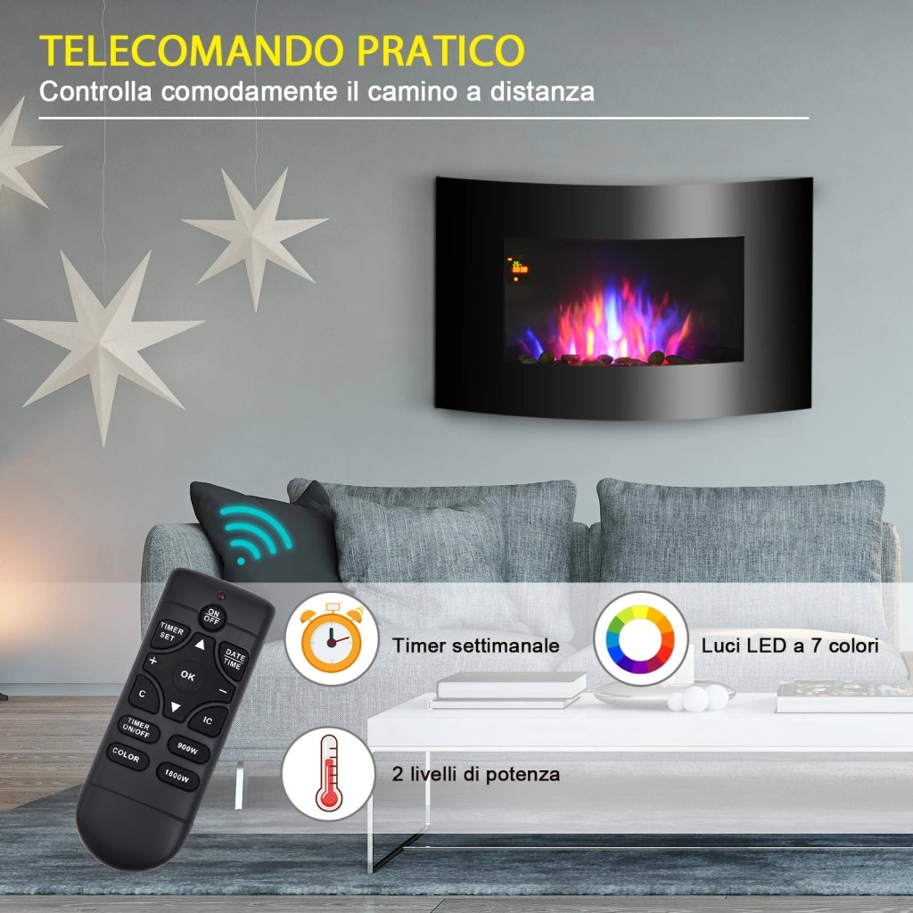 EasyComfort Caminetto Elettrico da Parete con Effetto Fiamma Colorato e Telecomando, Camino Elettrico 1800W con Temperatura Regolabili, Termostato, Timer e Protezione da Surriscaldamento, Nero
