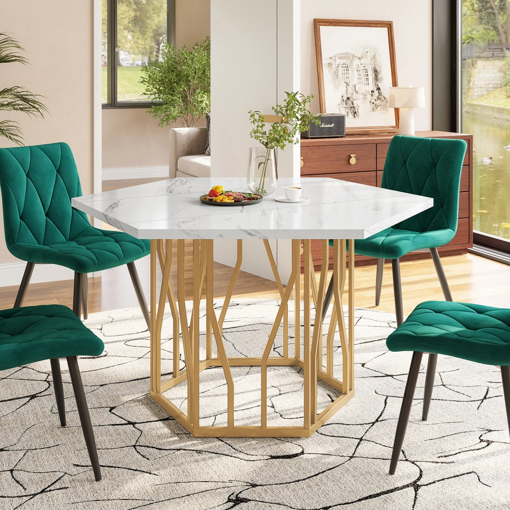 Tavolo da pranzo esagonale con base in metallo a ramo; effetto marmo; per sala da pranzo e soggiorno 115;5×100×75 cm