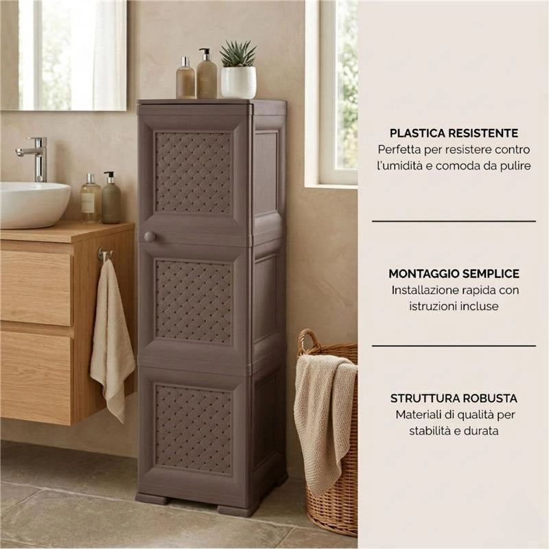 MOBILE CONTENITORE WENGÉ 3 MODULI 40X43X125 CM CON ANTE TRAFORATE – ARMADIETTO VERTICALE IN PLASTICA ELEGANTE PER ORGANIZZARE CASA